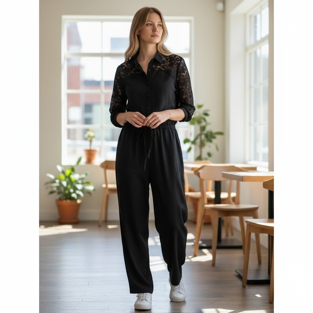 Nene by NeNe Leakes Black Lace Accent Long Sleeve‎ Drawstring Jumpsuit 24W